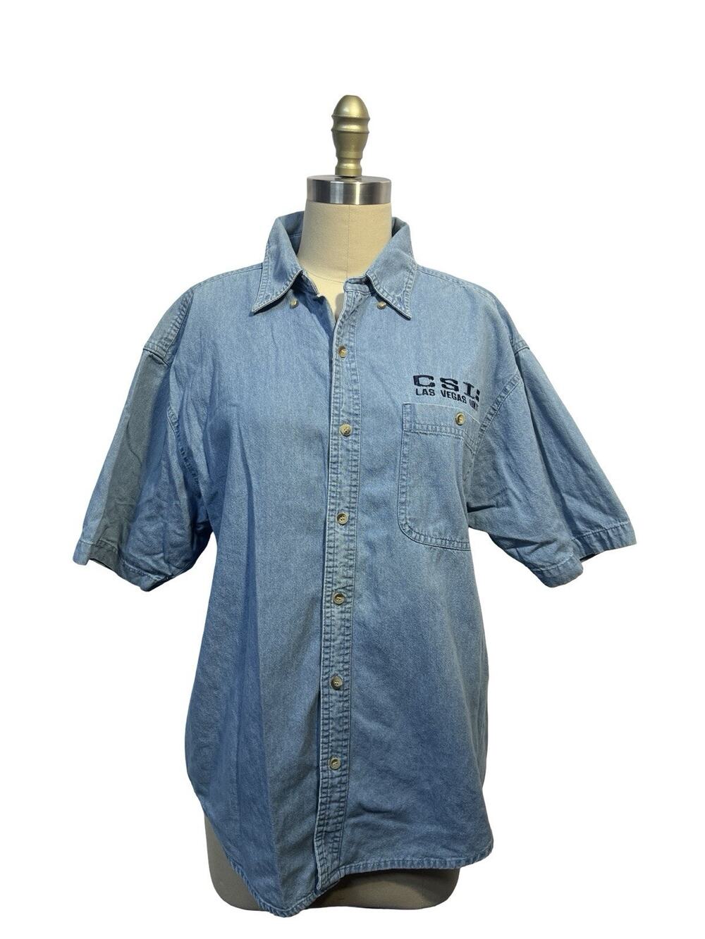 Vintage Denim Short Sleeve Embroidered CSI: LAS VEGAS UNIT Denim Shirt Sz M